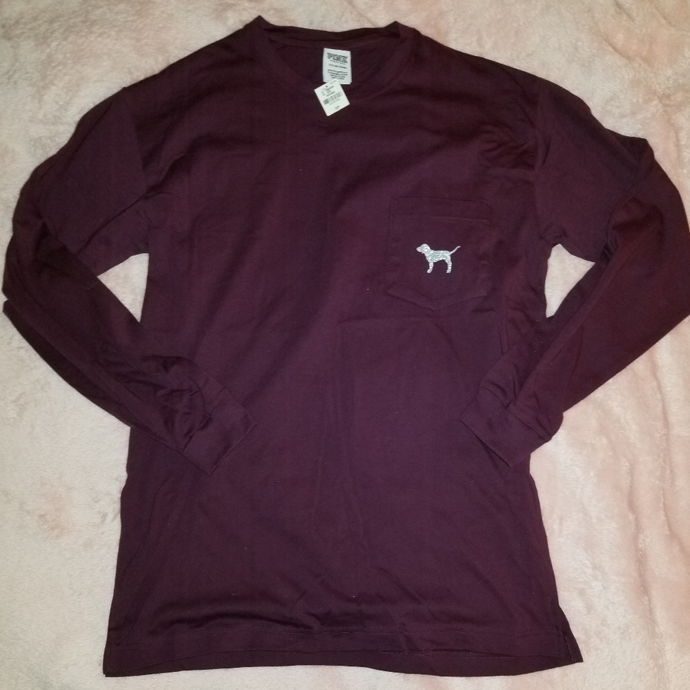 VS PINK burgundy tee with glitter and rhinestones - Picture 3 of 4